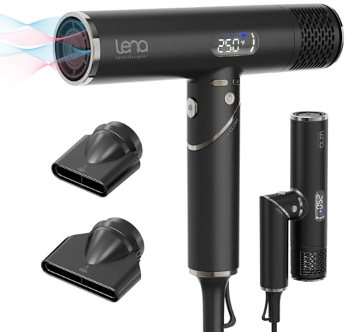 LENA Travel Hair Dryer Powerful Blow Dryer | Ionic Foldable Hairdryer | Lightweight & Fast Drying with High-Speed Brushless Motor, Ion Tech., LED Display, Magnetic Nozzles | Protects Hair as You Dry