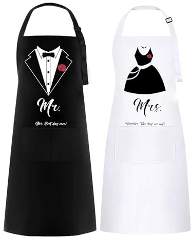 2 Stücke Mr. & Mrs. Schürze, Verstellbare Kochschürzen für Männer Damen | Wasserdicht Schürzen Lustig mit 2 Taschen, Paar Ehe Geschenk Schürze für Hochzeit, Verlobung, Valentinstag, Polterabend, BBQ