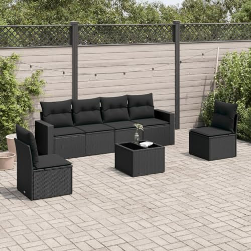 Willood 7tlg.Garten Rattan Sofa-Set mit Kissen Schwarz Poly RattanSchwarz+Schwarz