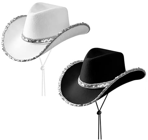 HDGSAFD 2 cappelli da cowboy western da donna, con paillettes, tesa d'argento, adatti per feste di danza musicale, feste a tema, cosplay