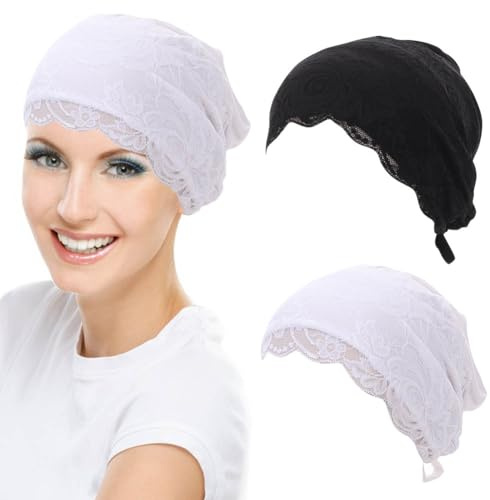 2 st kvinnor muslimsk inre hijab keps bomull spets stretch underkeps mössa turban hatt med knytband tillbaka kemo sömn huvudbonader, Svart och vitt, 2-8