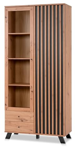 KHG Vitrine 2-türig inkl. Glastür & Schublade Scandi, Tür, für Zuhause | Glasschrank aus Holzwerkstoff Eiche foliert für Wohnzimmer und Esszimmer, 92x199x40 cm (B/H/T), praktisch im Alltag