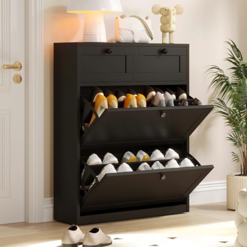VOWNER Shoe Storage Cabinet 2 Flip Drawers 2 Pull-Out Drawers Shelves | Black freestanding shoe cabinet with adjustable shelves for entryway, hallway and living room organization.