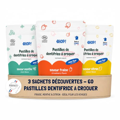 [EHOP] Set med 3 Discovery-påsar med 60 tandkrämstabletter (180 stycken) – mynta, citron och jordgubbe | vattenfri tandhygien | kompakt och perfekt för resor | Tillverkad i fransk produktion