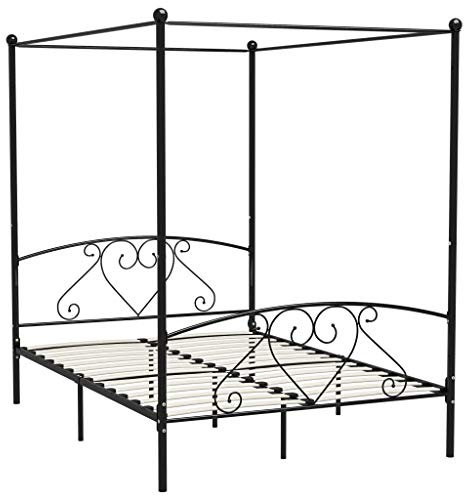 Gecheer Himmelbett-Gestell Jugendbett, Einzelbett, Schwarz Metall 160 x 200 cm