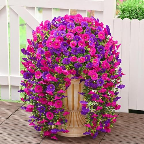 ZUXOLBIN 4 Stück Kunstblume Hängend Petunien Seidenblumen Künstliche Blumen Outdoor Balkonpflanzen Blumenstrauß Hängeblumen wie Echt Künstlich Hängepflanze für Wand Haus Garten Hochzeit Dekoration