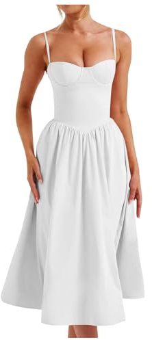 2025 - Abito corsetto da donna, con spalline e buster, abito midi, corsetto fluente con orlo plissettato Abito da donna corto, bianco, S
