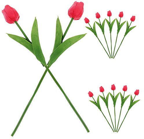 Vaguelly Fleurs Artificielles Tulipe PU Rouges 12 Pièces pour Vase