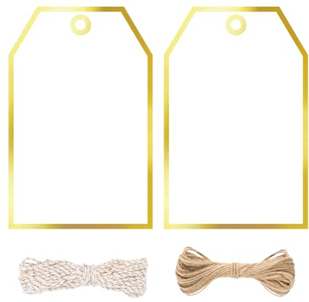 jijAcraft 8,5 x 5,5cm Geschenkanhänger mit Gold Kante: Weiß Papieranhänger zum Beschriften 100 Stück Kraftpapier Etiketten Tags mit Loch und Schnur für Hochzeit, Geburtstag, Weihnachten