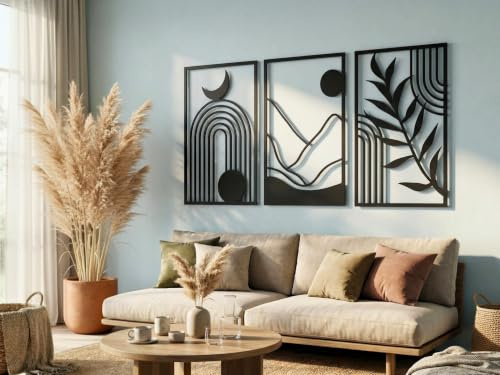 VAILLA ® uppsättning av 3 Boho väggdekoration, geometrisk väggdekoration av trä, 3D väggmålningar heminredning, bohemisk stor väggdekoration, bilder för sovrum, vardagsrum