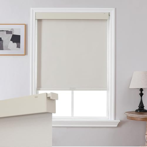 Joydeco No Drill No Tools Blackout Shades, Free-Stop Cordless Roller Shades, Thermal Insulated Blinds for Indoor Windows, Easy Install Window Blinds for Home and Office (Beige, 34 W X 75 H)