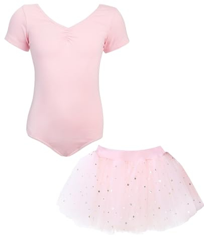 BALAYSIER Ballettkleidung Mädchen Kurzarm V-Ausschnitt Ballett Trikot und Abnehmbarem Tütü Kinder mit Pailletten Ballerina Kleid Kinder 3-11 Jahre(Rosa,150)