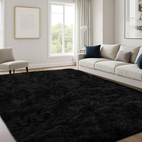 JOYARR Hochflor Wohnzimmer Teppich, Flauschig Waschbar rutschfest Moderne Teppiche für Schlafzimmer Büro Esszimmer Kinderzimmer Spielzimmer, 120x170 cm, Schwarz