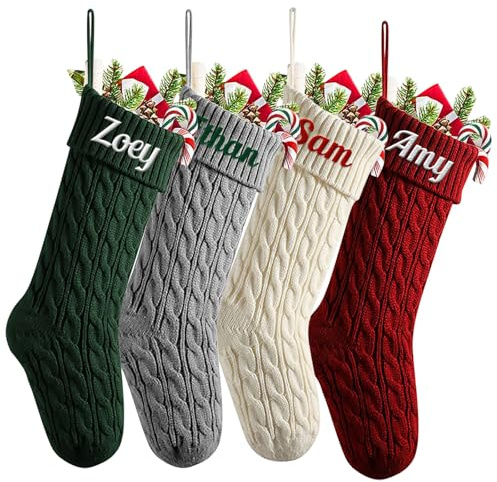 Weihnachtsstrumpf Personalisiert Nikolausstrumpf mit Namen, 46cm Großer Gestrickter Weihnachtsstrumpfe zum Befüllen, Weihnachtssocken Kamin Hängenden Deko Weihnachten Feiertags,Familienparty,4PCS