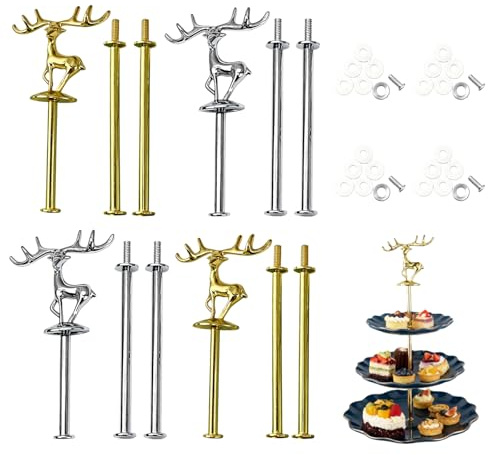 4 Stück Etageren Stangen Set, 2 bis 3 stufige Etagere Bausatz, Metallstangen Etagerenhalter mit Bohrer, Etagere Stäbe für Hochzeitstorte Torte Cupcakes Macarons Donut Muffin Obst und Party Display