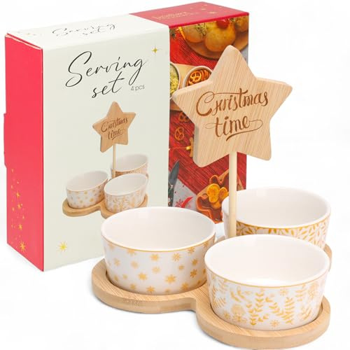 MIJOMA Servierset Weihnachten 4-teilig – 3 Porzellanschalen mit goldenen Weihnachtsmotiven auf Holztablett mit Stern – Weiß-Gold Snack- & Dipset für festliche Anlässe