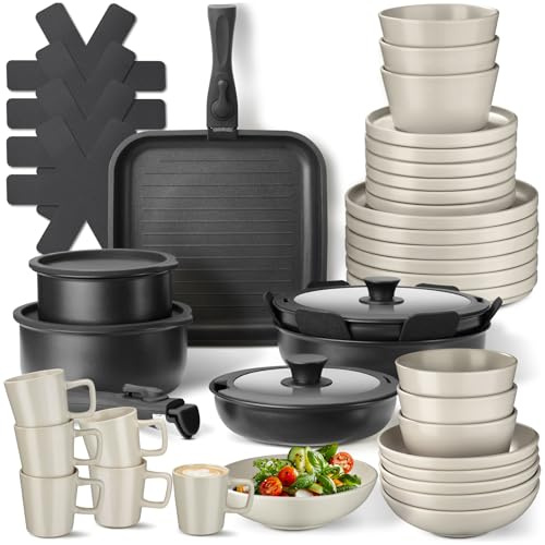 tectake® Juego de Vajilla para Cocina, Vajilla Ceramica para 6 personas, Apto Microondas y Lavavajillas, Juego de Ollas y Sartenes Antiadherentes, Apto Inducción - 30 Piezas Negro/Gris Topo
