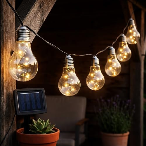 Spetebo LED Solar Lichterkette 450 cm 10 Glühbirnen warm weiß 2 Modi | Outdoor Party Pavillon Deko Beleuchtung Flash Light Steady On