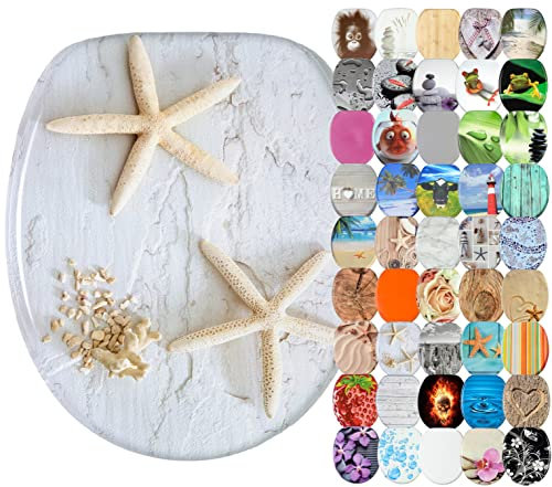 Sanilo WC Sitz ohne Absenkautomatik, viele schöne Toilettendeckel zur Auswahl, hochwertige und stabile Qualität aus Holz (Seesterne Grau)