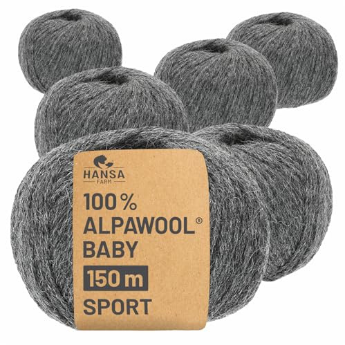 HANSA-FARM | 100% Baby Alpakawolle in 50+ Farben (kratzfrei) - 300g Set (6 x 50g) - weiche Alpaka Wolle zum Stricken & Häkeln in 6 Garnstärken by Hansa-Farm - Dunkelgrau (Grau)