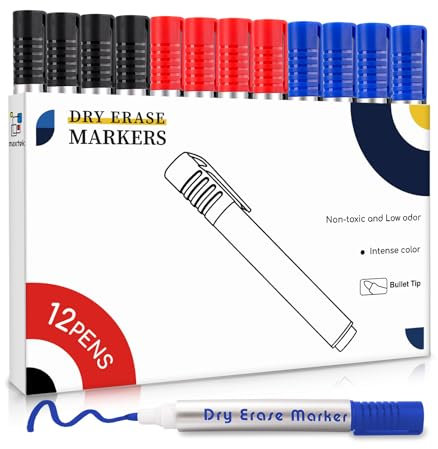 maxtek Whiteboard Marker 12 Whiteboard Stifte Rundspitze ca.2-3mm Linienbreite, Set mit 3 Farben hohe Qualität Geruchsarme Tinte, Zubehör für Schule, Büro, Zuhause