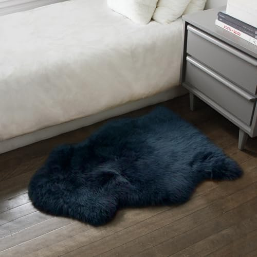 Natural Milan Genuine Sheepskin Area Rugs with Thick and Lush Pile, Fluffy Sheep Fur Rug with Anti-Skid Backing for Bedroom Living Room, Single Pelt, Navy 2 ft x 3 ft