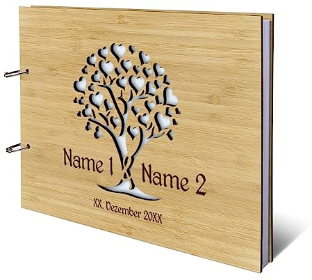 Personalisiertes Hochzeit Gästebuch echtes Holz DIN A4 Hochzeitsbuch mit Lasergravur - Herzbaum - mit 72 Blatt / 144 Seiten Naturpapier Weiß