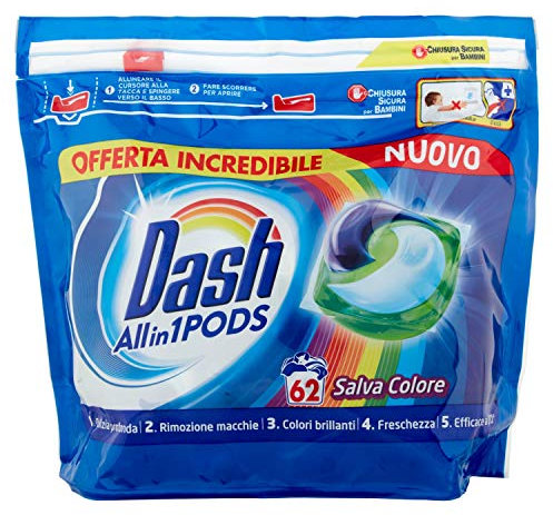 Dash All in 1 Pods Detersivo Lavatrice in Capsule, 62 Lavaggi, Specifico per Capi Colorati, Maxi Formato, Pulizia Profonda, per Tutti I Capi
