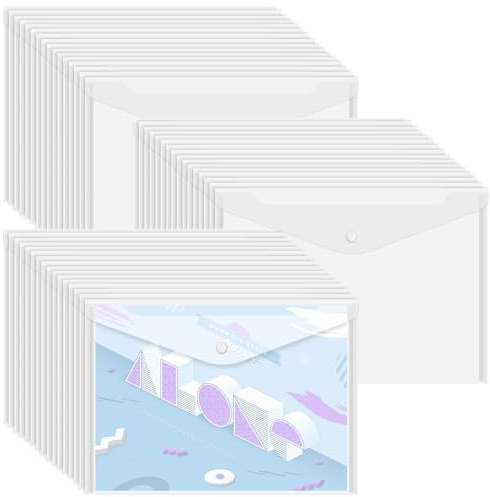 STARVAST 48 Stück Dokumententaschen A4, Klarsichthülle A4Dokumentenmappe, Druckknopf Sichttasche A4 Transparent für Papier,Quittungen,Hausaufgaben, Schulbüro
