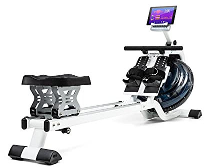 Capital Sports Flow Rudergerät - Wasserrudergerät mit 80 cm Gleitbahn, Rudergerät Wasser Widerstand: 6 Stufen/max. 14 Liter, platzsparend, Trainingscomputer, Tablethalterung, weiß
