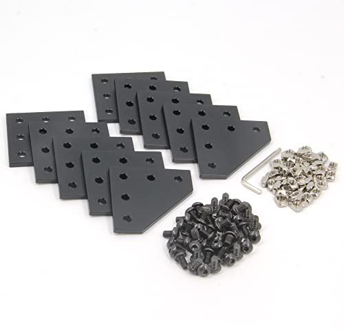 Zeberoxyz Set di 10 piastre di supporto angolare nere a forma di L con 50 viti+50 dadi a T, piastra di giunzione a 5 fori a 90 gradi per telaio in alluminio serie 2020(10 pezzi nero-L con dado)