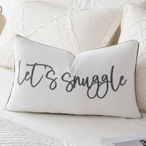 Sunkifover Decorative Lumbar Pillow Covers 12x20 Inch Soft Solid Rectangle Embroidered Rectangle with Let's Snuggle Saying for Bed Bedroom (Color Grey)