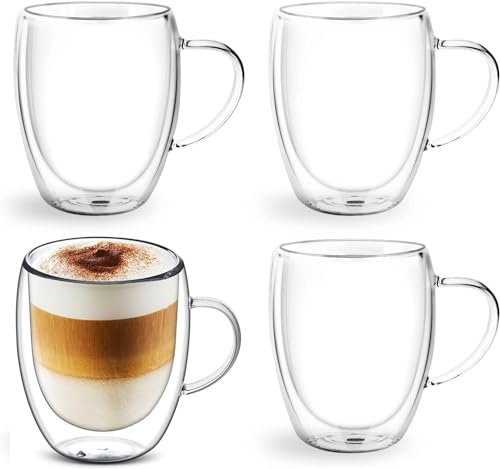 4x350ml Tazze e Tazze da Caffè in Vetro a Doppia Parete con Manico,Tazze per Cappuccino Latte Macchiato, Resistenti al Calore, Lavabili in Lavastoviglie, Per Bevande Calde, tè, Succo di Latte e Gelato