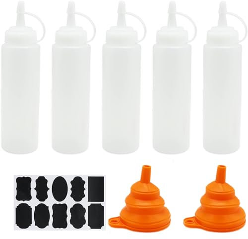 5 Pcs Squeeze Condiment Bottles - 8 oz Reusable Plastic Sauce Dispensers for Ketchup, Mustard, Hot Sauces, Oil With Funnel, Sticker Label - White (250ml)