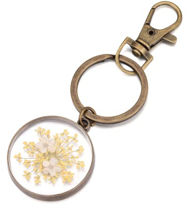 Narzissen und Queen Anne's Lace Gepresste Wildblume Schlüsselanhänger | Echte Blume Schlüsselanhänger | März-Geburts-Blumen-Schlüsselanhänger | Taschenanhänger Schlüsselanhänger Zubehör für Frauen