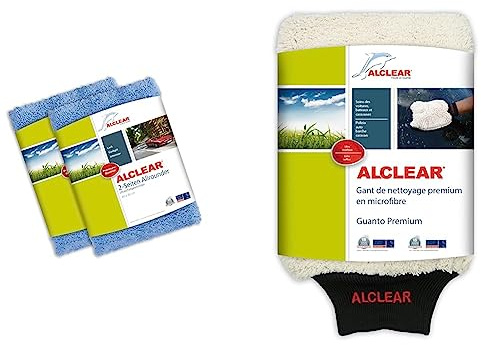 ALCLEAR 2er Set Poliertücher 2-Seiten-Allrounder Premium ohne Hologramme, 40x40 cm blau & 950013WH Premium Mikrofaser Handschuh zum Auto waschen mit Shampoo ohne Kratzer