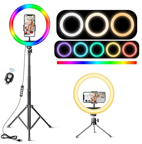 12-Zoll RGB Ringlicht mit Stativ Handy, Selfie Ringlicht mit Fernbedienung, 15 RGB-Modi und 10 Helligkeiten, Tisch LED Ring Light für YouTube, Selfie, Makeup, Fotografie