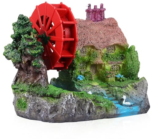 Ipetboom Aquarium Dekoration Pneumatisches Wasserrad Mit Windmühle Miniatur Steinhaus Für Goldfisch Aquarium Landschaft 4.33 Zoll Harz Ornament Zubehör