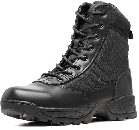 WIDEWAY Men's Tactical Boots 8 Inch Side Zipper Military Combat Boots Leather Duty Work Boots for Men Police Motorcycle