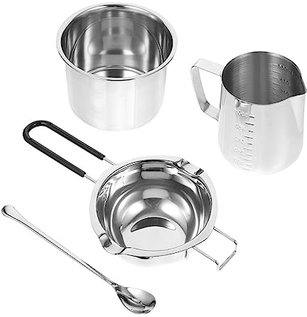 SHINEOFI Stainless Steel Wax Melting Pot Set 4pcs with 400ml Melting Bowl, 14cm Thickened Outer Pot, Silicone Heat-Resistant Handle and 550ml Measuring Cup for Candle Making and DIY Crafts