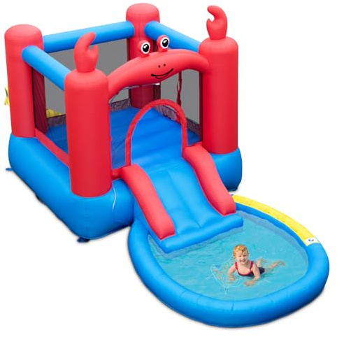 Maxmass Inflatable Bouncy Castle, 3-in-1 Kids Bounce House with Slide, Ball Pit Pool and Carrying Bag, Indoor Outdoor Blow up Playhouse for Lawn Yard Park (Crab Theme without Air Blower)