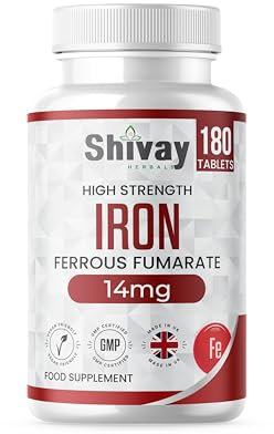 Iron 14mg Tablets | 180 Vegan Tablets - 6 Month Supply | High Strength Ferrous Fumarate Supplement | for Tiredness & Fatigue | Made in The UK by Shivay Herbals