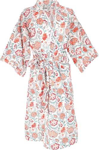 GURU SHOP Kimono im Japan Style, Handbedruckter Oversize Baumwoll Kimono Mantel, Kimonokleid - Weiß, Damen, Size:L/XL