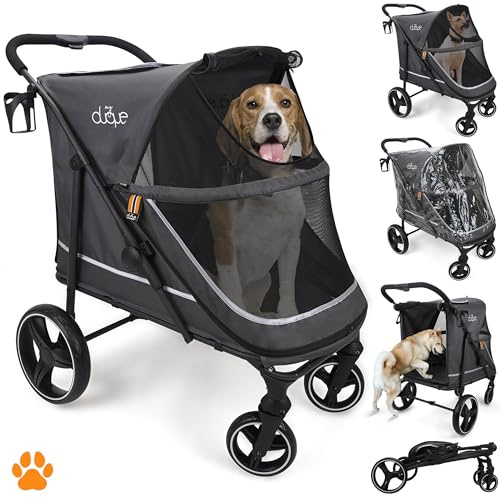 MY DUQUE – Hundebuggy Hundewagen CHAMP – XL Buggy große Hunde, geräumig, Tierwagen, Haustierwagen, Katze, Hund, Zusammenfalten, inkl. Regencover, Getränkehalter, Stauraum, max. Last 50kg/110lb, Grau