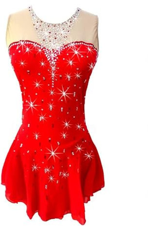 JRUIA Rot,M,Eiskunstlauf Trainingskleid Für Mädchen/Damen Ärmellose Eiskunstlauf Performance Kleidung Elastische Gymnastikanzüge Rollschuhrock
