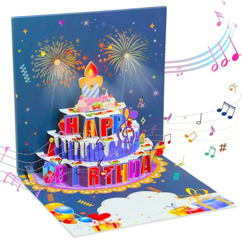 KUKUPOW Tarjetas de Feliz Cumpleaños 3D, Tarjeta de Cumpleaños con Música y Luz, Tarjetas de Felicitación con Vela Soplable, Regalos de Cumpleaños para Mujer Hombre Amiga Pareja Nina