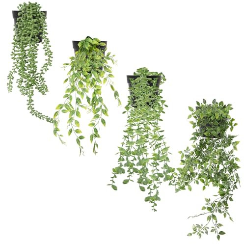 Zequech 4 Pots of Simulated Green Hanging Potted Plants, Datura, Eucalyptus, Pea, Pearl Chlorophytum Comosum, Indoor and Outdoor Terrace Office Outdoor Wedding Decoration, Artificial Landscape