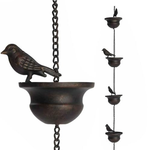 YUXITA Birds On Cups Regenkette für Regen, funktionale dekorative Ersatz-Fallrohrkette für den Außenbereich, Metall, Regenfänger