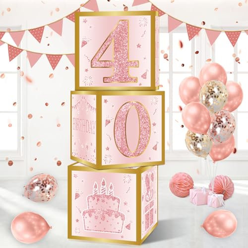 Scatole Decorative Per Il 40° Compleanno di Donna, 3 pezzi Rosa Oro Scatole Palloncini per 40th Compleanno, 40 Anni Happy Birthday Decorazioni da Festa, Decorazione Festa Rosa per 40th