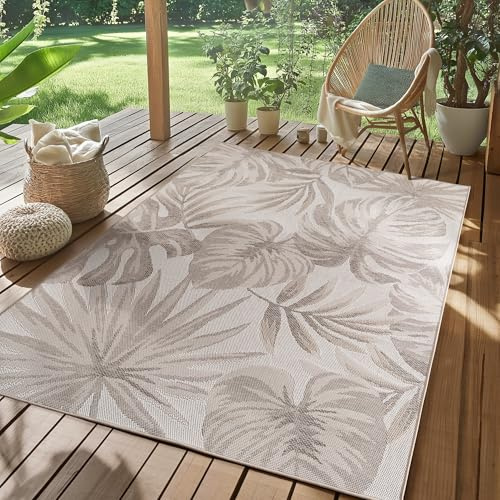 SIMPEX Outdoor Teppich Beige 120x170 cm Wetterfest UV-beständig Pflegeleicht Palmblätter Design für Küche Balkon Terrasse Garten Wohnzimmer Esszimmer